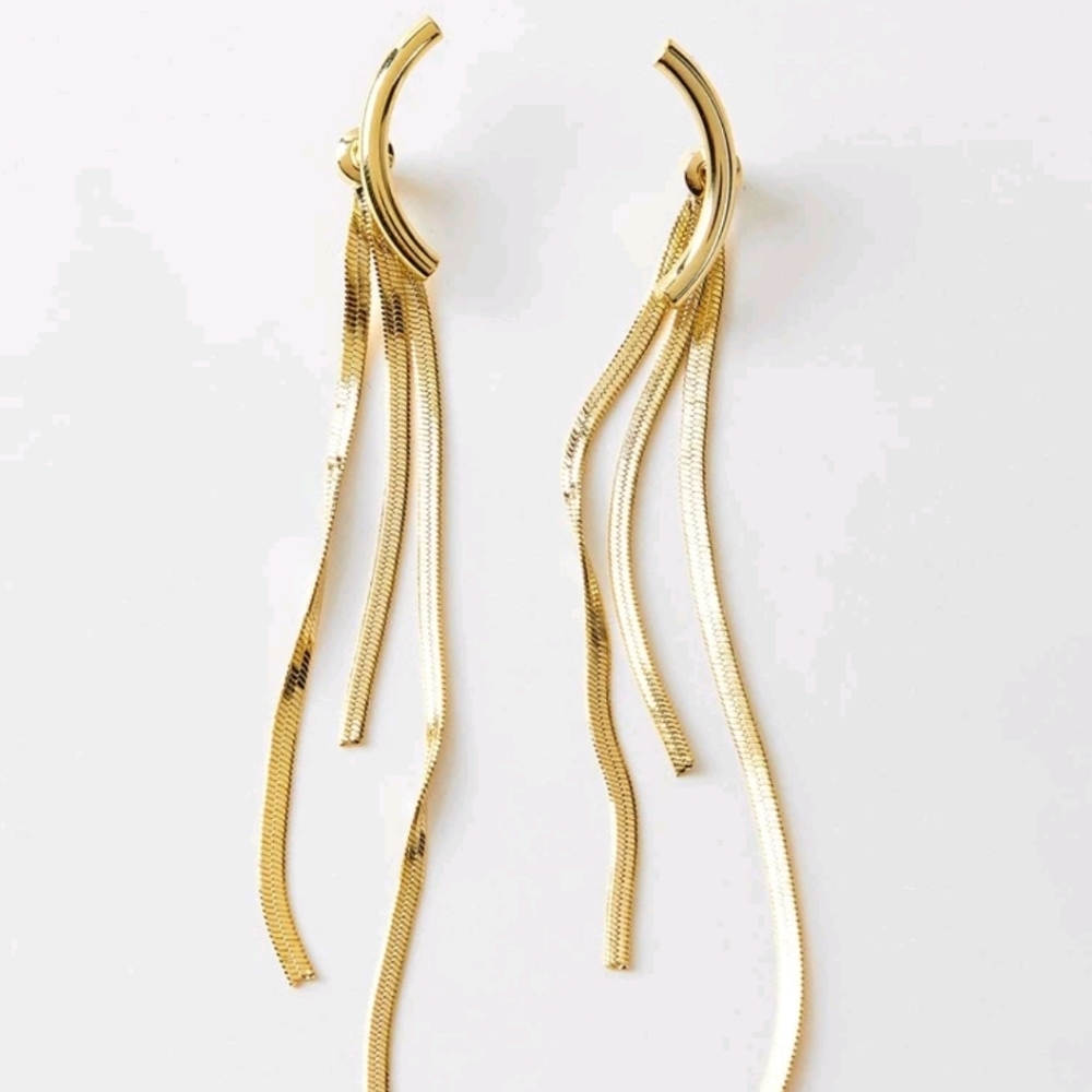 Curved Bar yellow Gold plated Tassel boho chic Statement earrings 2/$30 - Picture 10 of 13